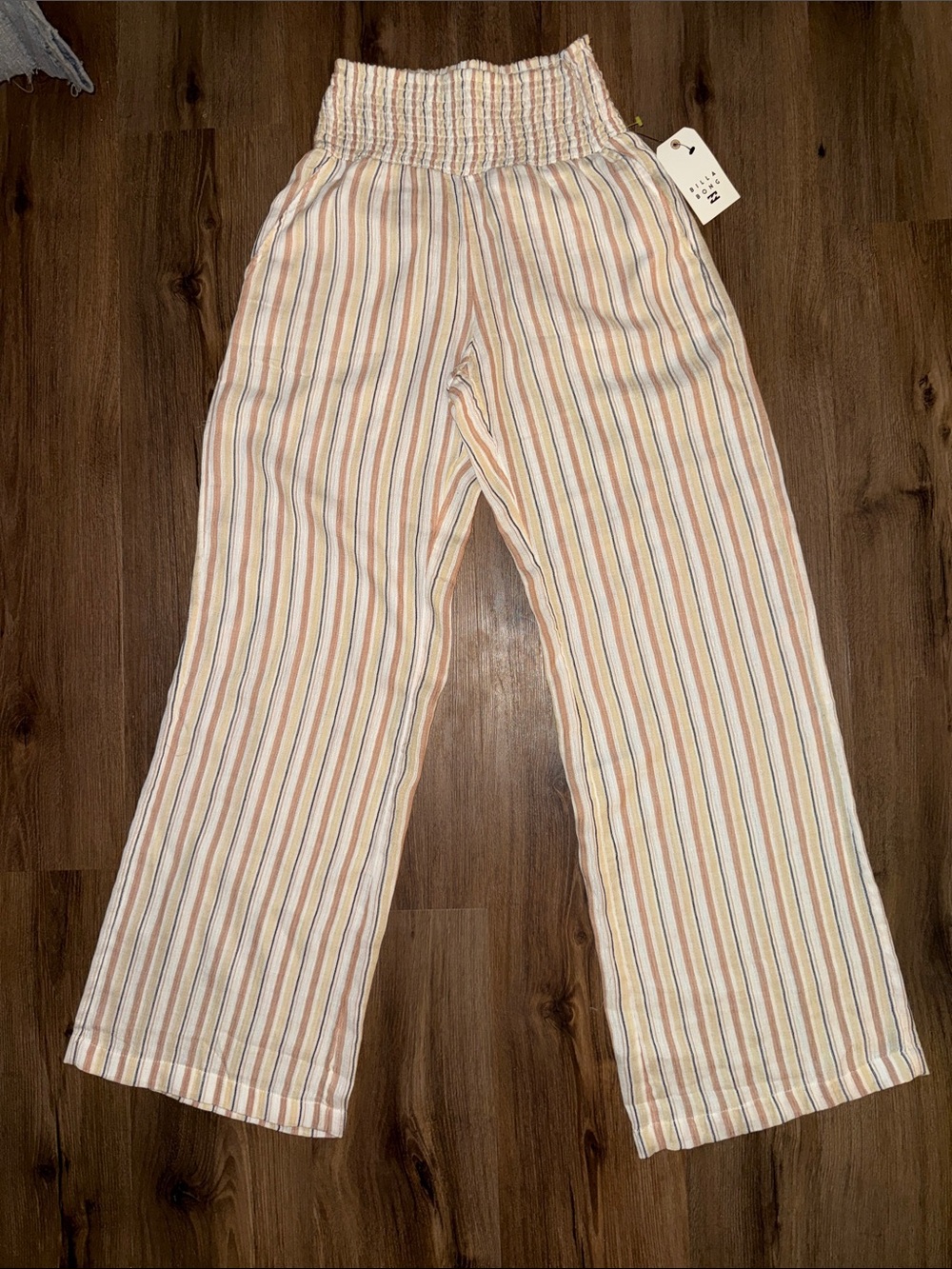 Billabong Cream Striped Smocked-Waist Casual Pants